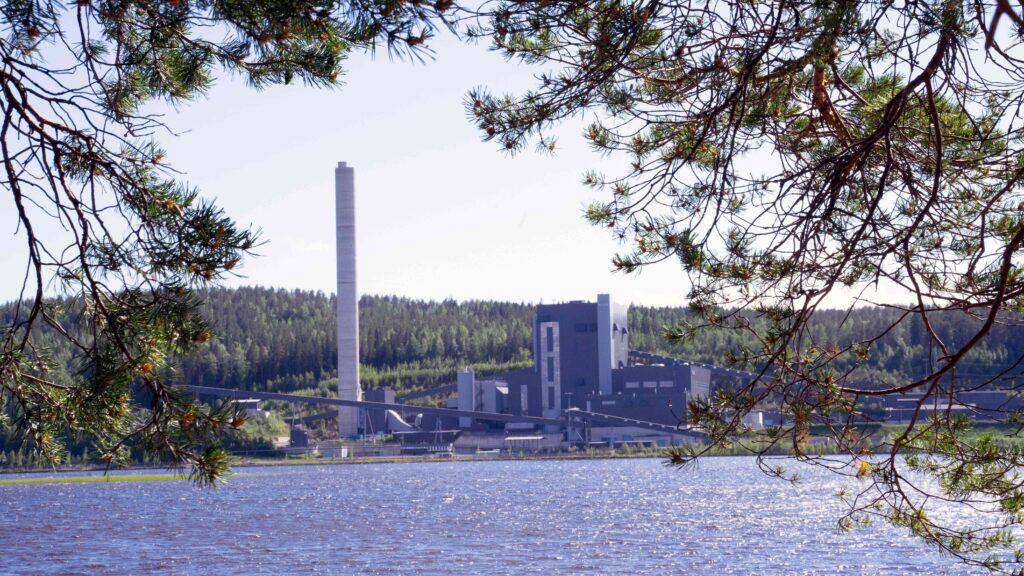 Keljonlahden voimalaitos havunoksien takaa